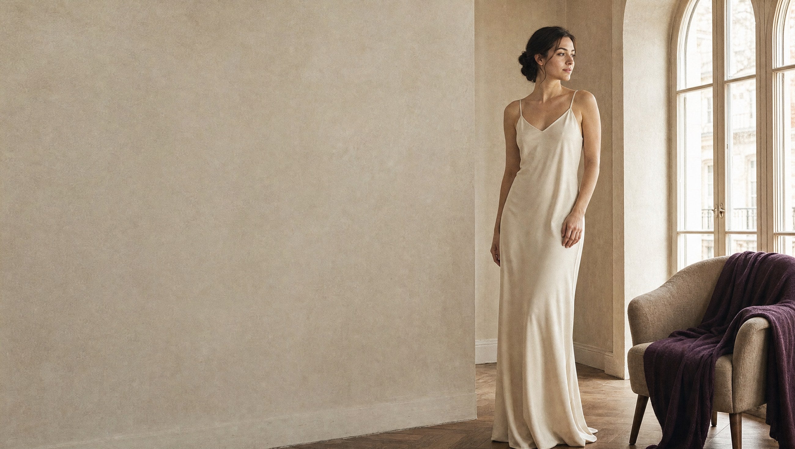 Woman in a floor length cream slip dress beside tall arched windows in a quiet apartment