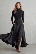Neravelle Turtleneck Top and Pleated Maxi Skirt Two Piece Set in Black