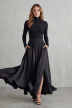 Neravelle Turtleneck Top and Pleated Maxi Skirt Two Piece Set in Black