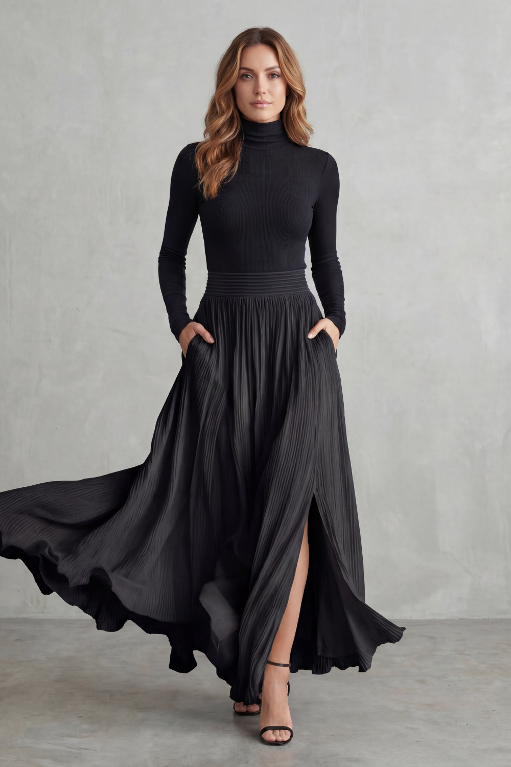 Neravelle Turtleneck Top and Pleated Maxi Skirt Two Piece Set in Black
