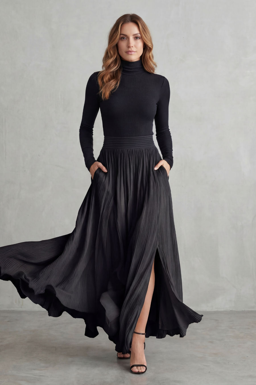 Neravelle Turtleneck Top and Pleated Maxi Skirt Two Piece Set in Black