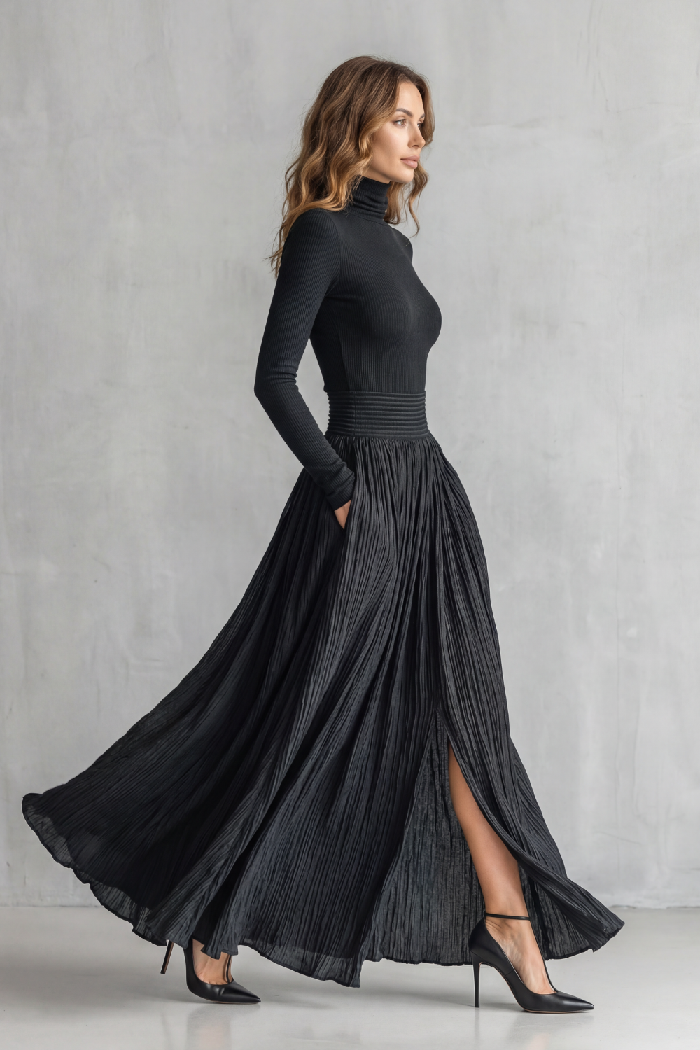 Neravelle Turtleneck Top and Pleated Maxi Skirt Two Piece Set in Black