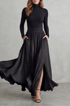 Neravelle Turtleneck Top and Pleated Maxi Skirt Two Piece Set in Black