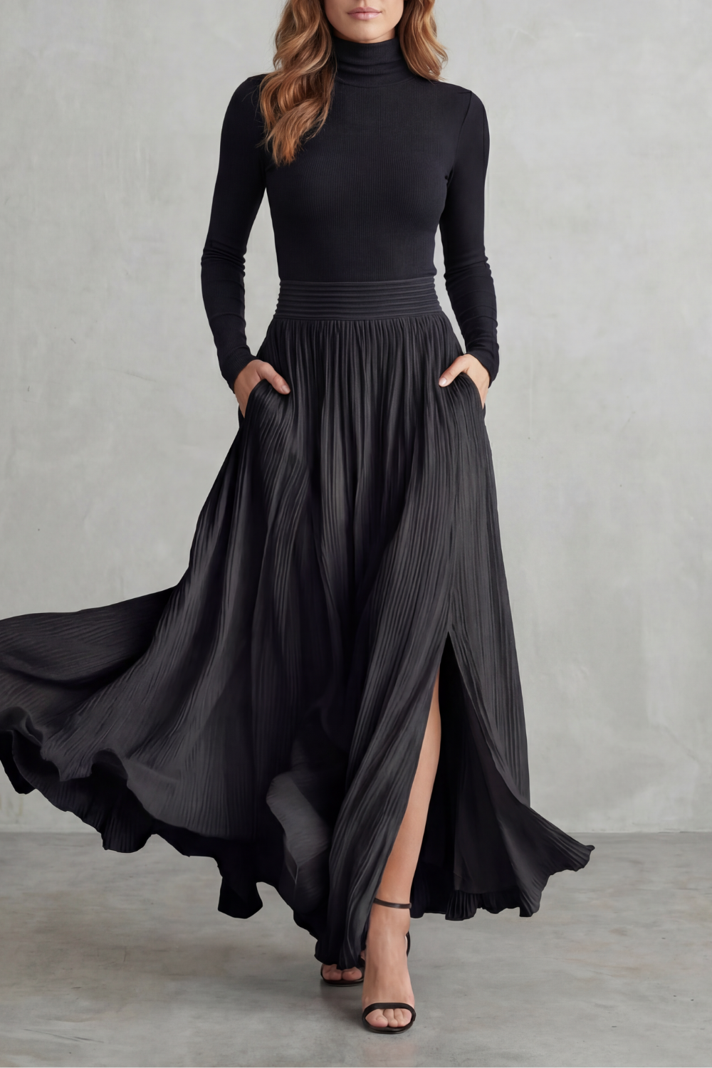 Neravelle Turtleneck Top and Pleated Maxi Skirt Two Piece Set in Black