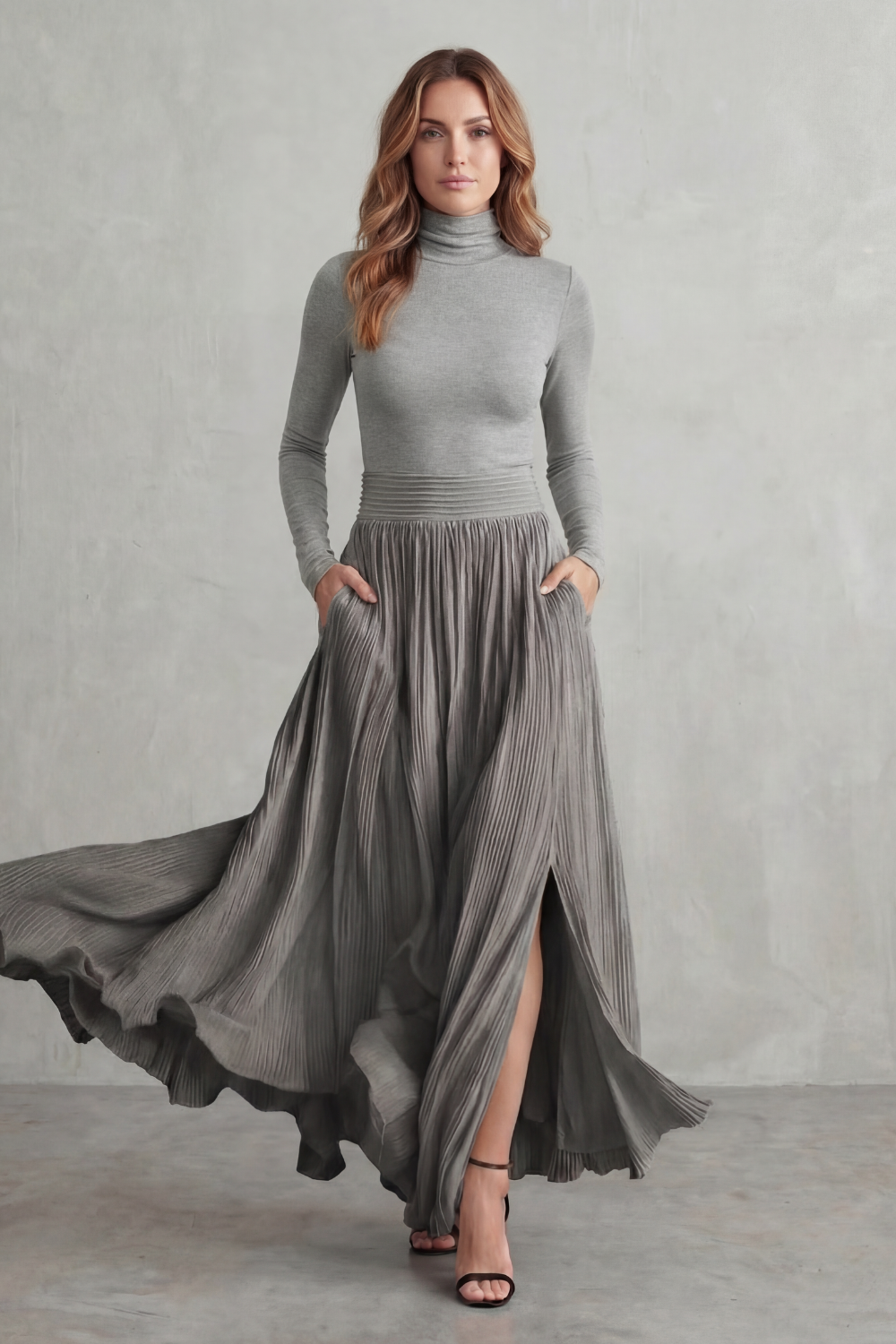 Neravelle Turtleneck Top and Pleated Maxi Skirt Two Piece Set in Gray
