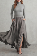 Neravelle Turtleneck Top and Pleated Maxi Skirt Two Piece Set in Gray