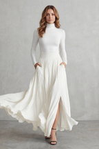 Neravelle Turtleneck Top and Pleated Maxi Skirt Two Piece Set in White