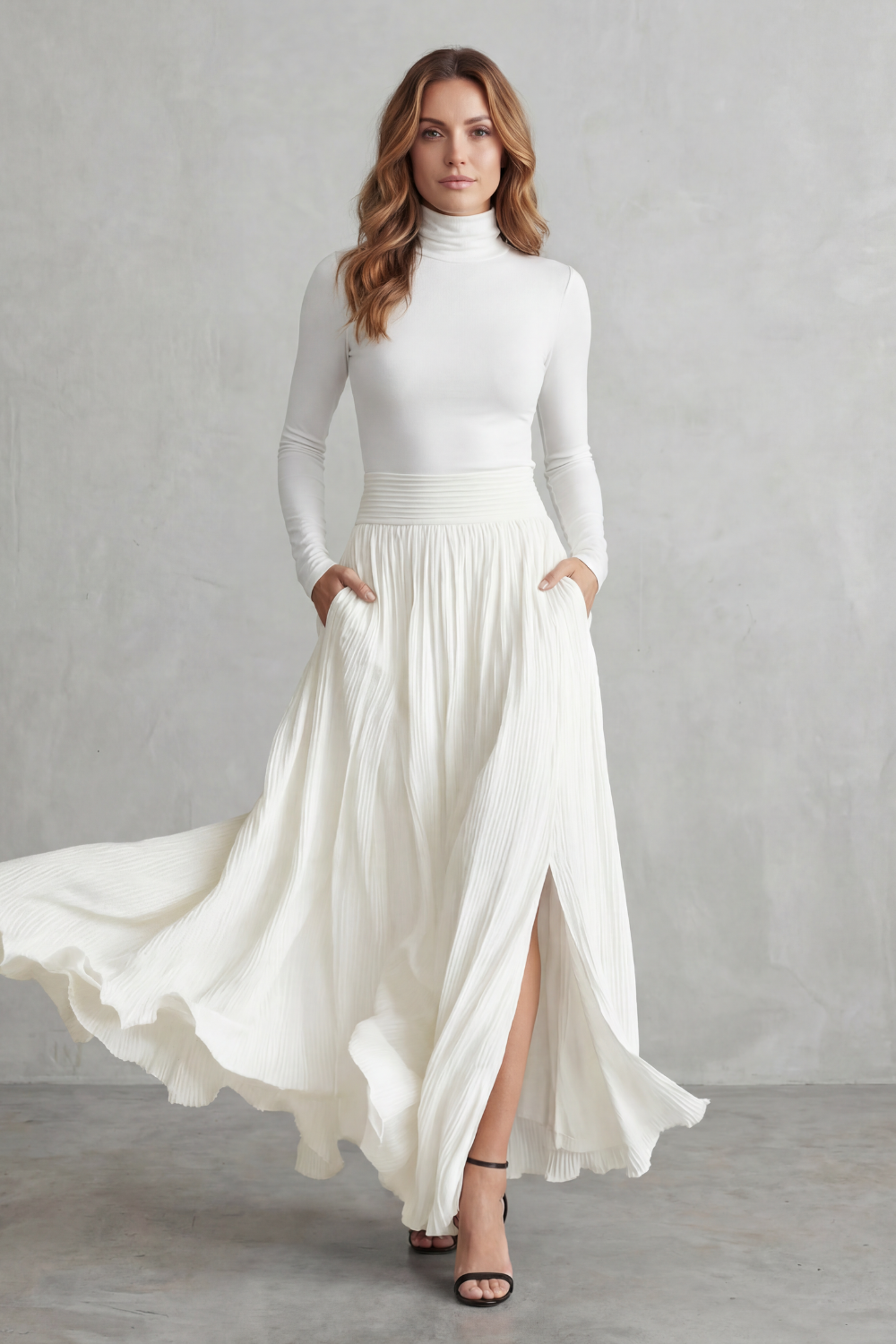 Neravelle Turtleneck Top and Pleated Maxi Skirt Two Piece Set in White