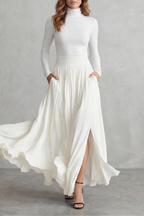 Neravelle Turtleneck Top and Pleated Maxi Skirt Two Piece Set in White