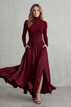 Neravelle Turtleneck Top and Pleated Maxi Skirt Two Piece Set in Red