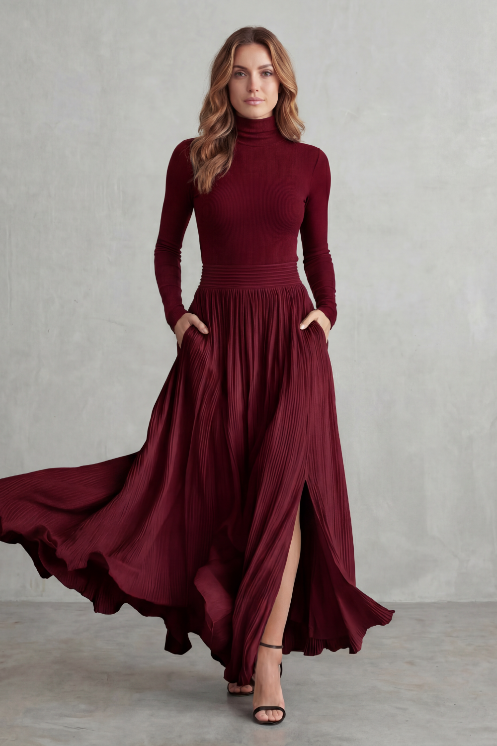 Neravelle Turtleneck Top and Pleated Maxi Skirt Two Piece Set in Red