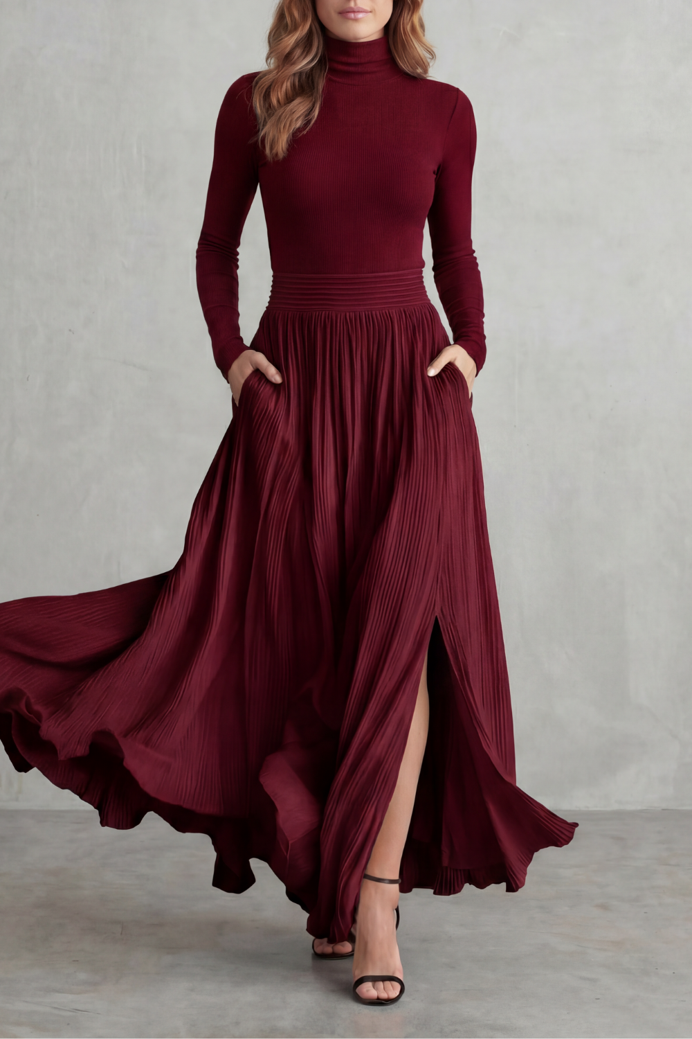 Neravelle Turtleneck Top and Pleated Maxi Skirt Two Piece Set in Red
