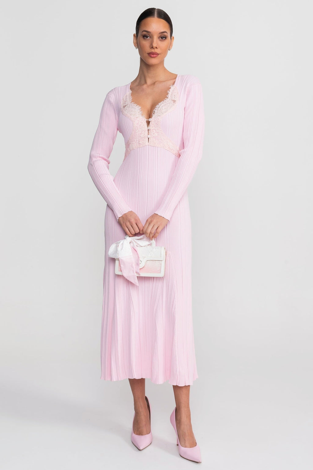Nina Ribbed Long Sleeve Midi Dress with Lace Trim V Neck in Pink