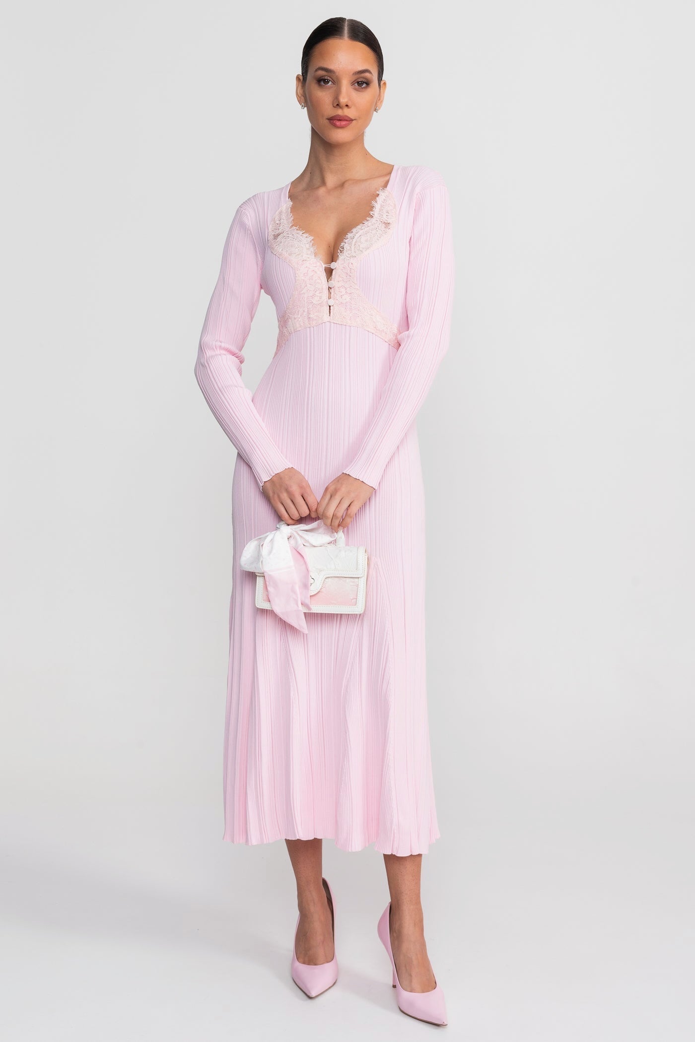 Nina Ribbed Long Sleeve Midi Dress with Lace Trim V Neck in Pink