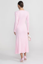 Nina Ribbed Long Sleeve Midi Dress with Lace Trim V Neck in Pink