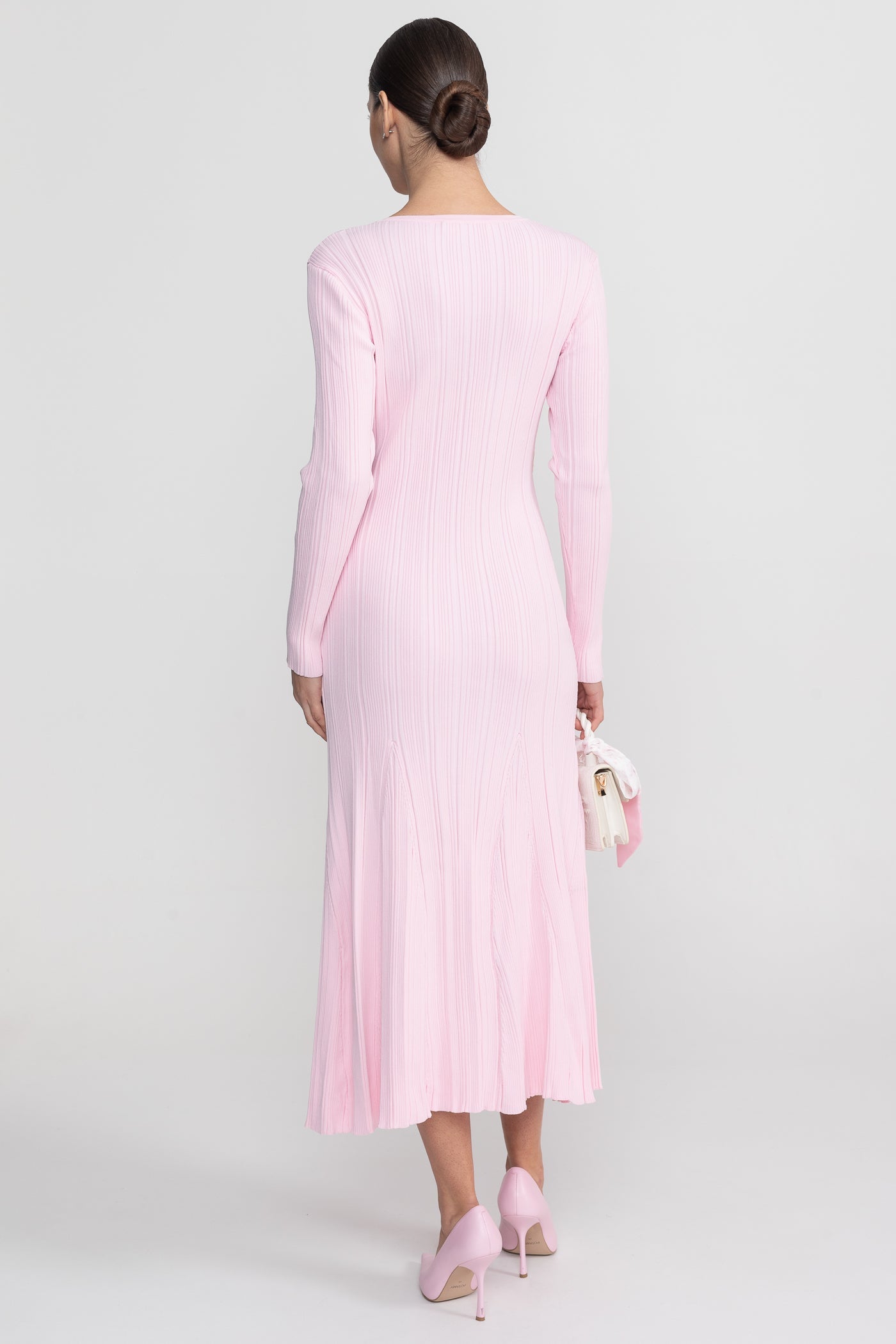 Nina Ribbed Long Sleeve Midi Dress with Lace Trim V Neck in Pink