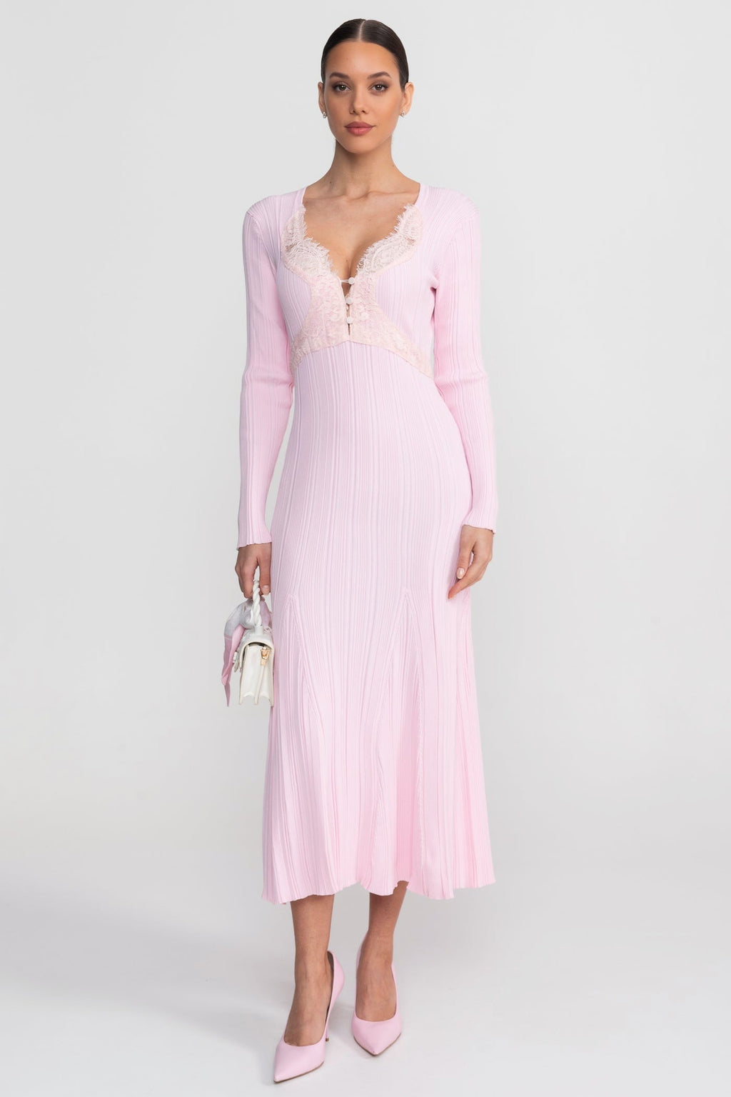 Nina Ribbed Long Sleeve Midi Dress with Lace Trim V Neck in Pink