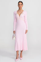 Nina Ribbed Long Sleeve Midi Dress with Lace Trim V Neck in Pink