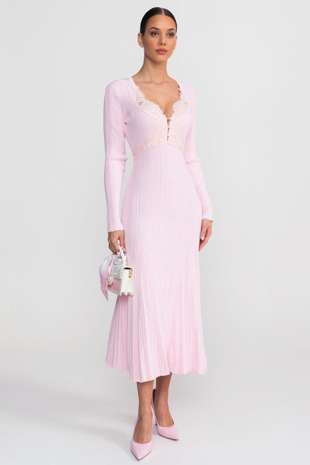 Nina Ribbed Long Sleeve Midi Dress with Lace Trim V Neck in Pink