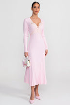 Nina Ribbed Long Sleeve Midi Dress with Lace Trim V Neck in Pink