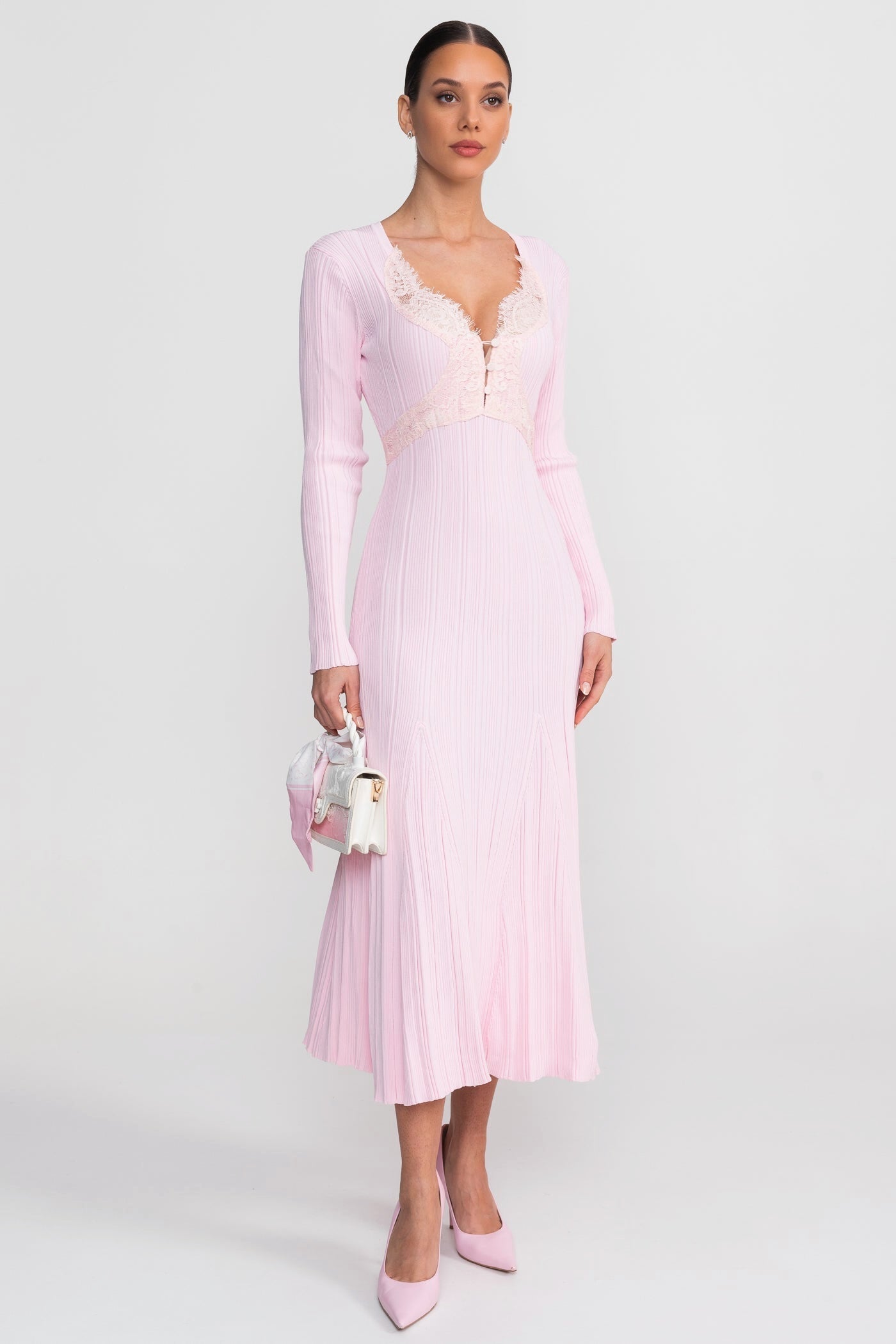 Nina Ribbed Long Sleeve Midi Dress with Lace Trim V Neck in Pink