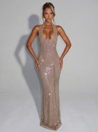 Noelia Sequin Midi Dress with Sheer Panel and Open Neckline in Silver