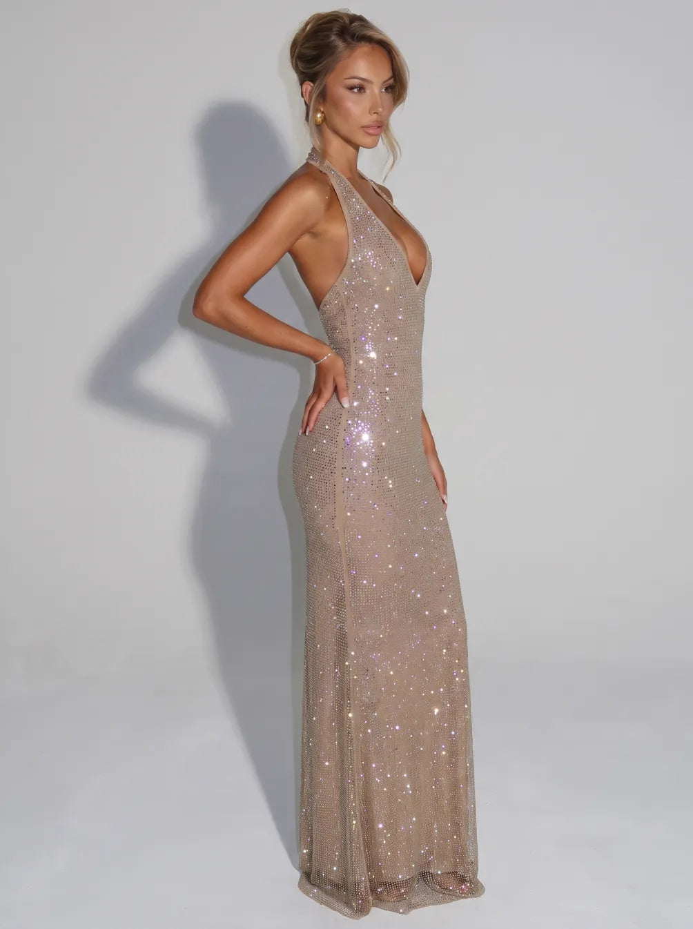 Noelia Sequin Midi Dress with Sheer Panel and Open Neckline in Silver