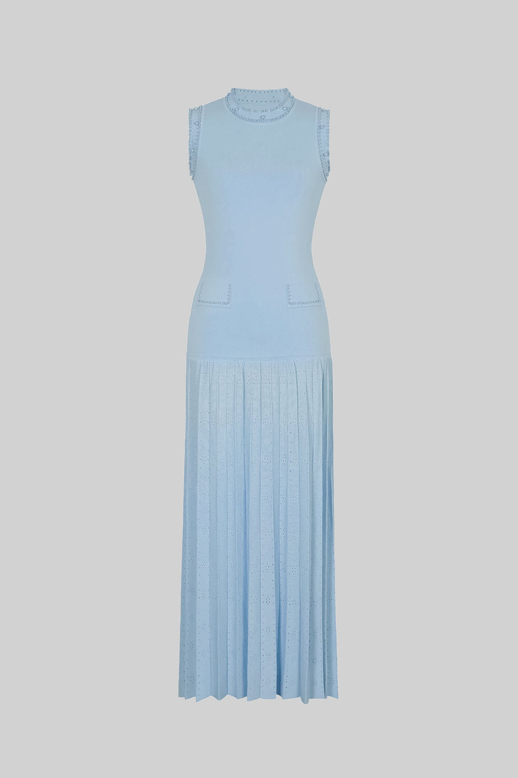 Noor Pearl Embellished Sleeveless Knit Midi Dress in Blue in Blue