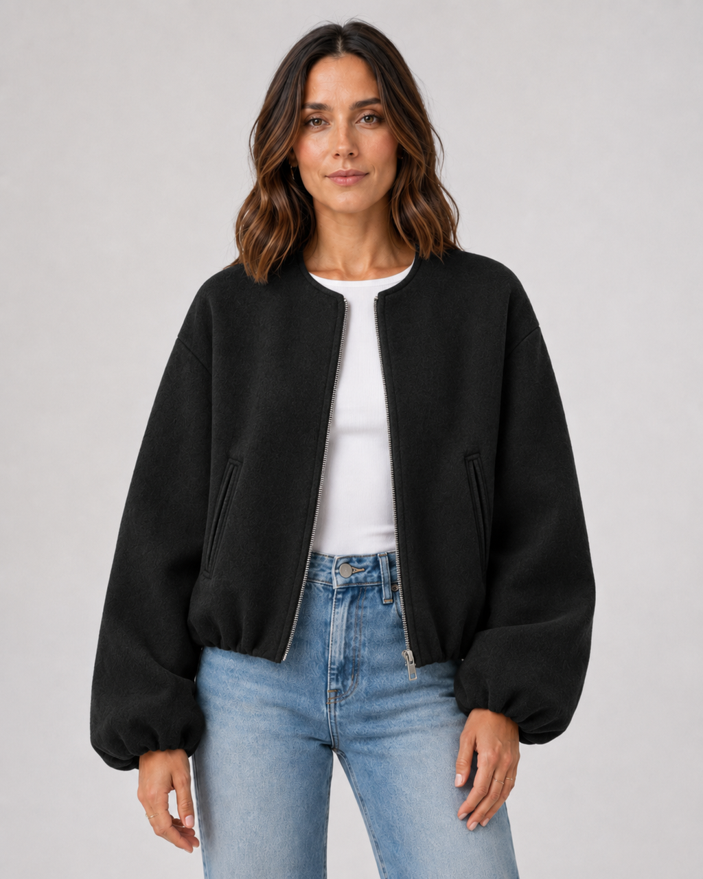 Opal Cropped Bomber Jacket with Ribbed Collar and Cuffs in Black