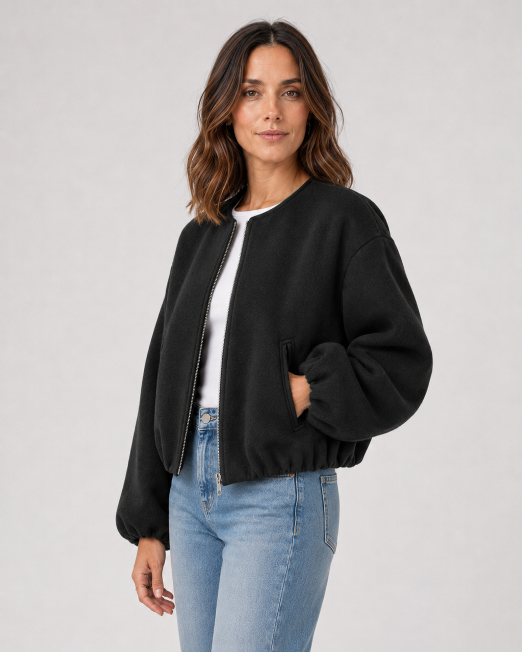 Opal Cropped Bomber Jacket with Ribbed Collar and Cuffs in Black