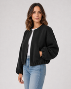 Opal Cropped Bomber Jacket with Ribbed Collar and Cuffs in Black
