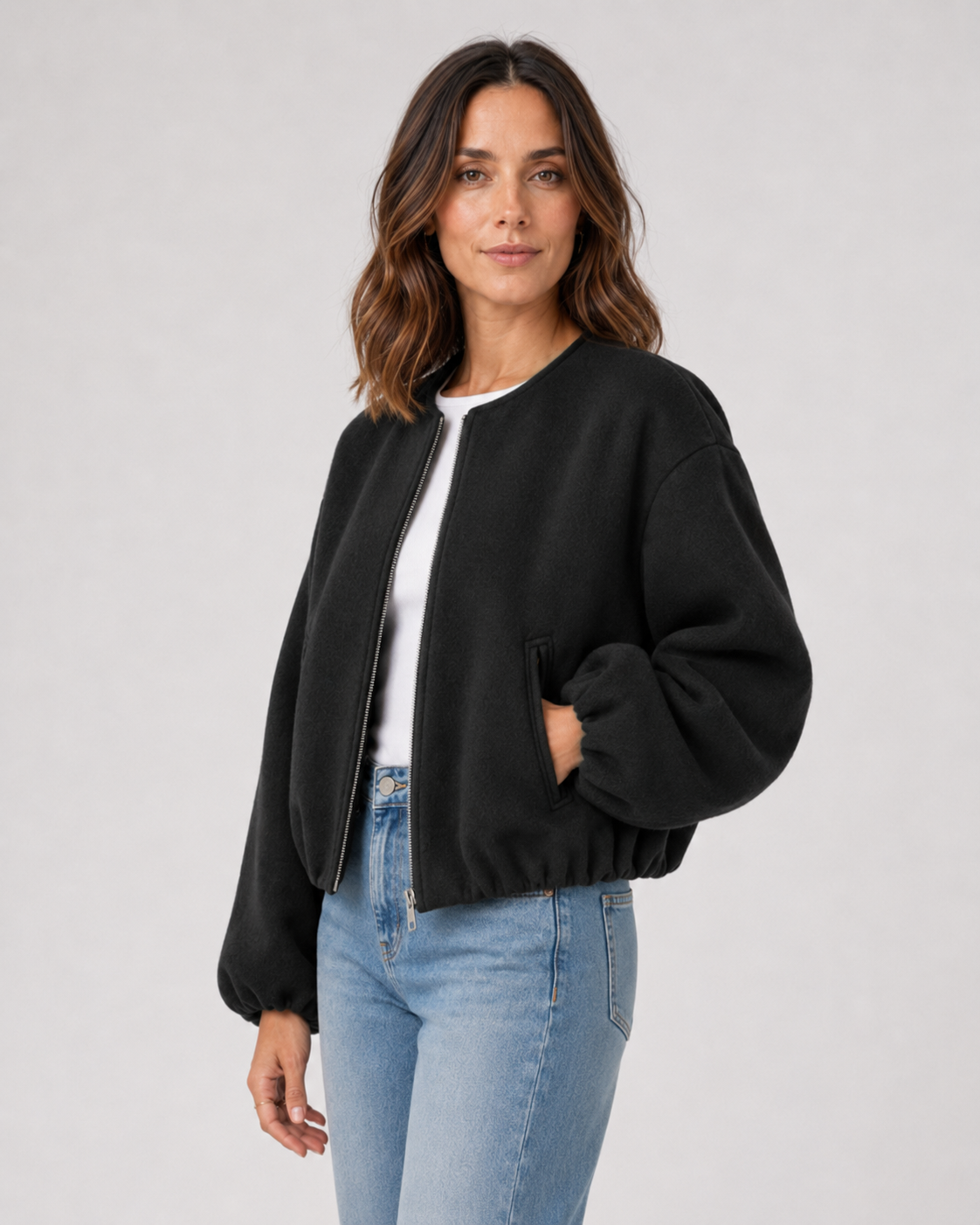 Opal Cropped Bomber Jacket with Ribbed Collar and Cuffs in Black