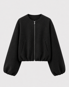 Opal Cropped Bomber Jacket with Ribbed Collar and Cuffs in Black