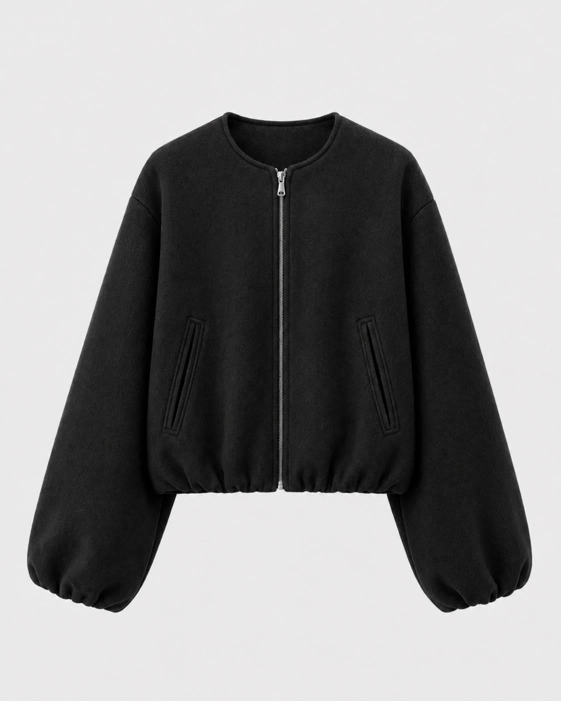 Opal Cropped Bomber Jacket with Ribbed Collar and Cuffs in Black