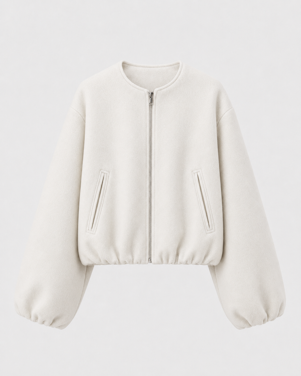 Opal Cropped Bomber Jacket with Ribbed Collar and Cuffs in White