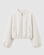 Opal Cropped Bomber Jacket with Ribbed Collar and Cuffs in White