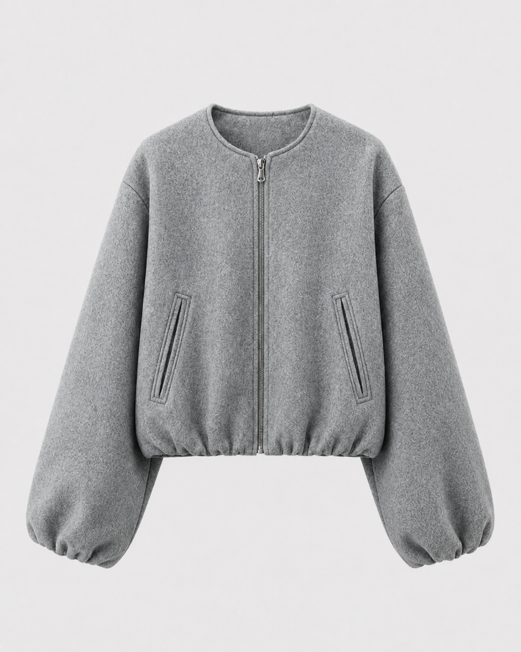 Opal Cropped Bomber Jacket with Ribbed Collar and Cuffs in Gray