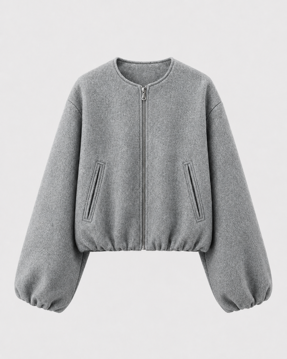 Opal Cropped Bomber Jacket with Ribbed Collar and Cuffs in Gray