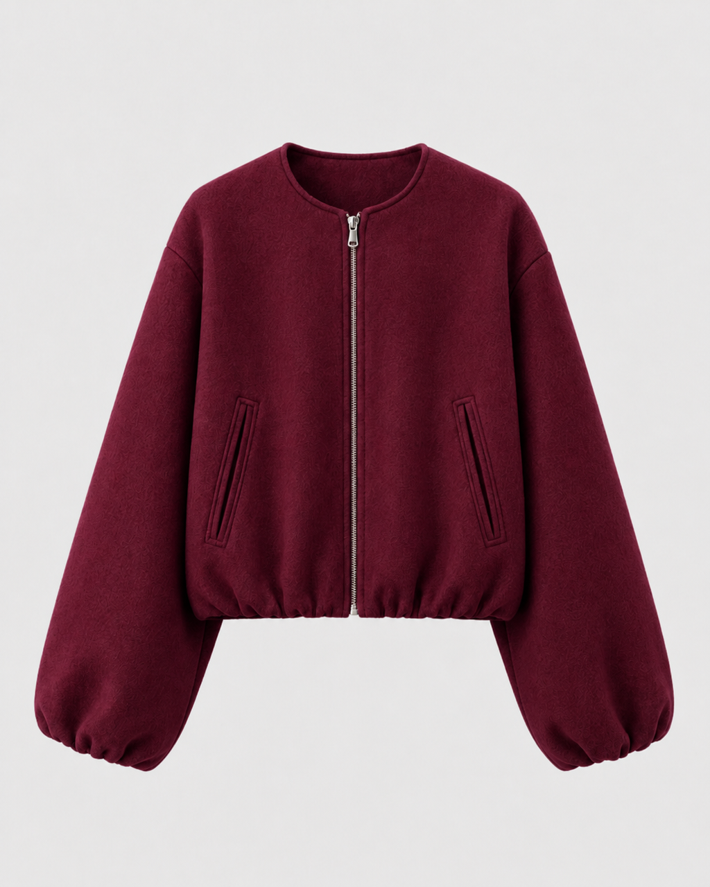 Opal Cropped Bomber Jacket with Ribbed Collar and Cuffs in Burgundy
