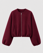 Opal Cropped Bomber Jacket with Ribbed Collar and Cuffs in Burgundy
