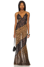 Opal Leopard Print Lace Splice Sleeveless Maxi Dress in Brown