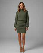 Ottilie Ribbed Knit Turtleneck Long Sleeve Midi Dress in Green