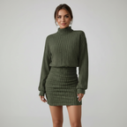 Ottilie Ribbed Knit Turtleneck Long Sleeve Midi Dress in Green