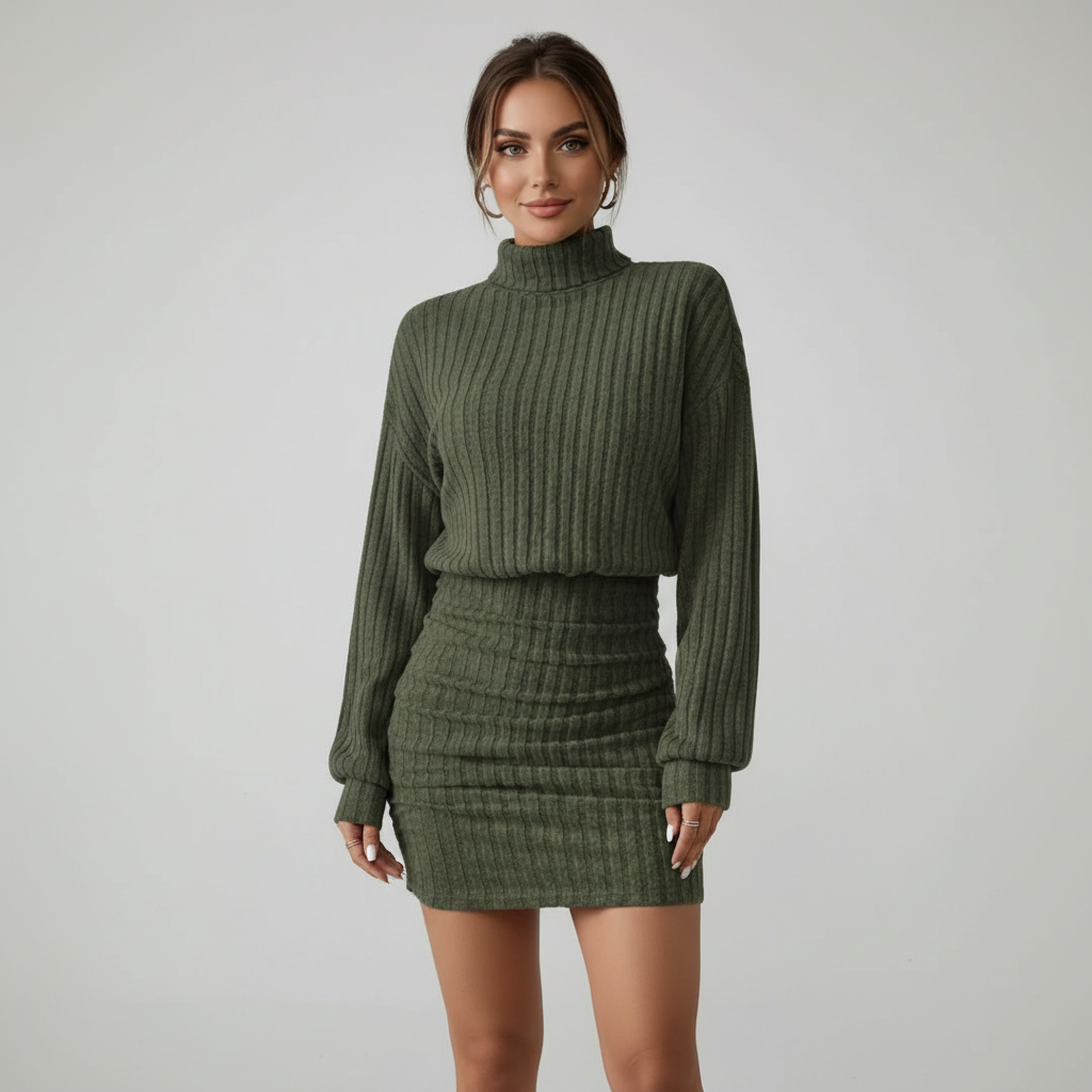 Ottilie Ribbed Knit Turtleneck Long Sleeve Midi Dress in Green