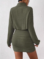 Ottilie Ribbed Knit Turtleneck Long Sleeve Midi Dress in Green