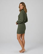 Ottilie Ribbed Knit Turtleneck Long Sleeve Midi Dress in Green