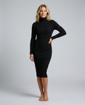 Ottilie Ribbed Knit Turtleneck Long Sleeve Midi Dress in Black
