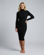 Ottilie Ribbed Knit Turtleneck Long Sleeve Midi Dress in Black