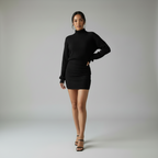 Ottilie Ribbed Knit Turtleneck Long Sleeve Midi Dress in Black