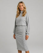 Ottilie Ribbed Knit Turtleneck Long Sleeve Midi Dress in Gray